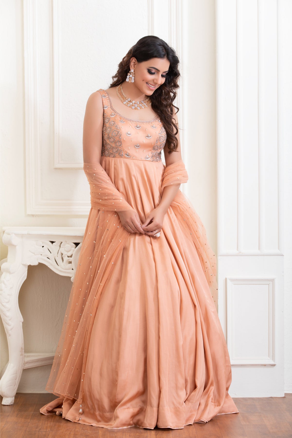 Peach Embroidered Anarkali With Dupatta