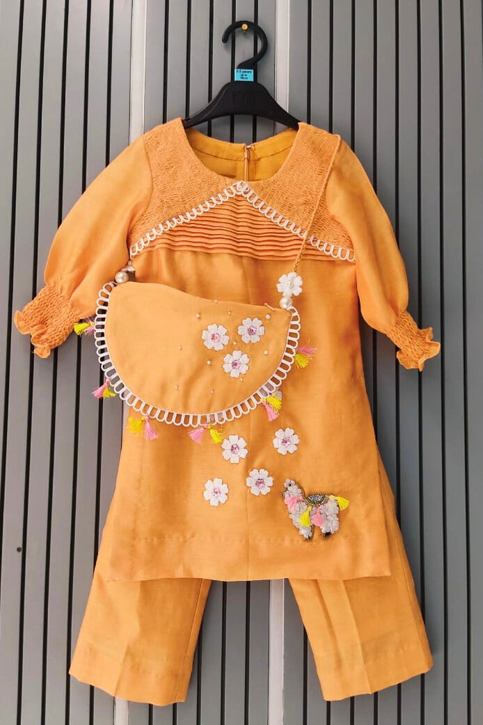 Orange Lama Hand Embroidered Motifs Kurta-Set