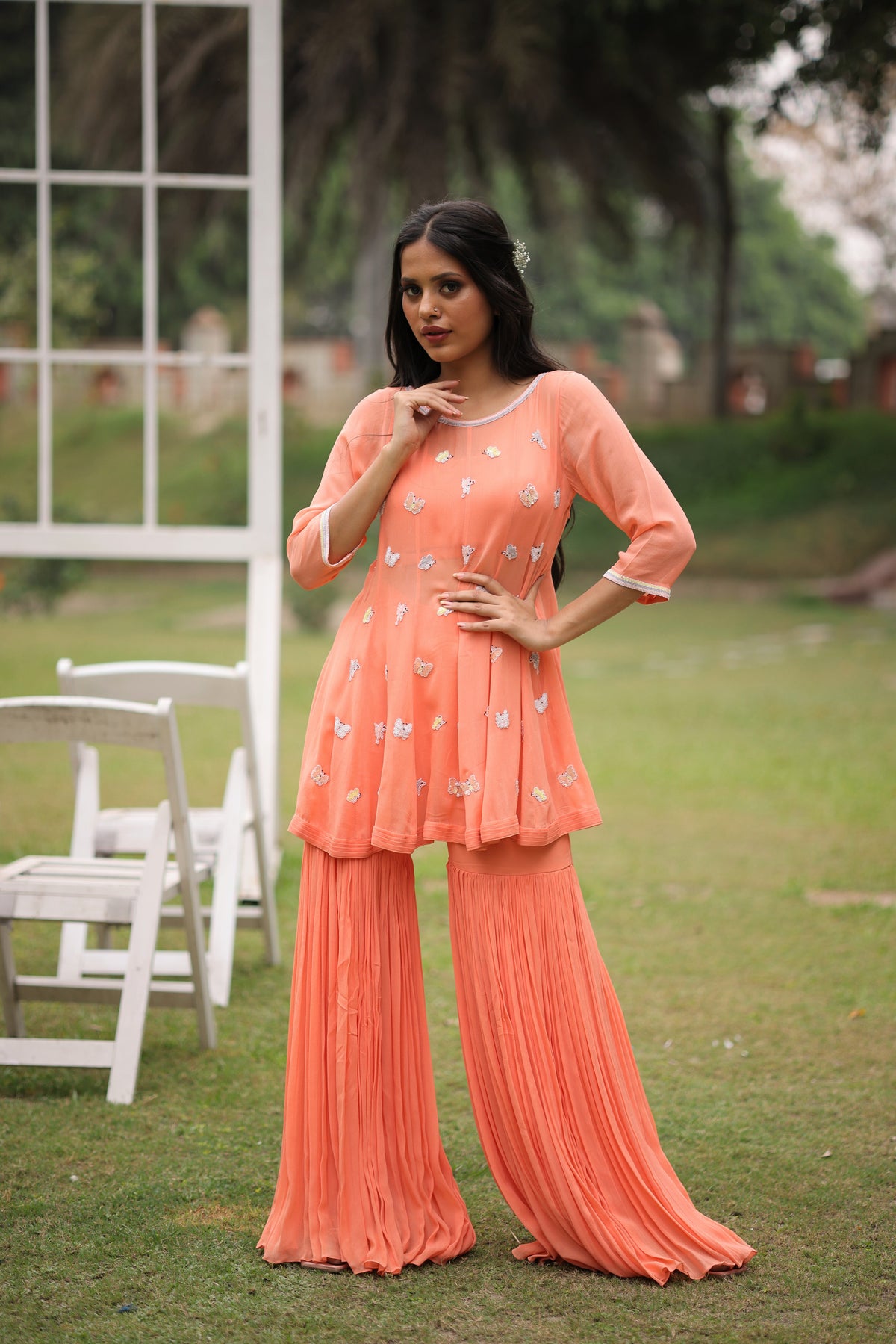 Peach Nectar Butterfly Embroidered Co-ord set