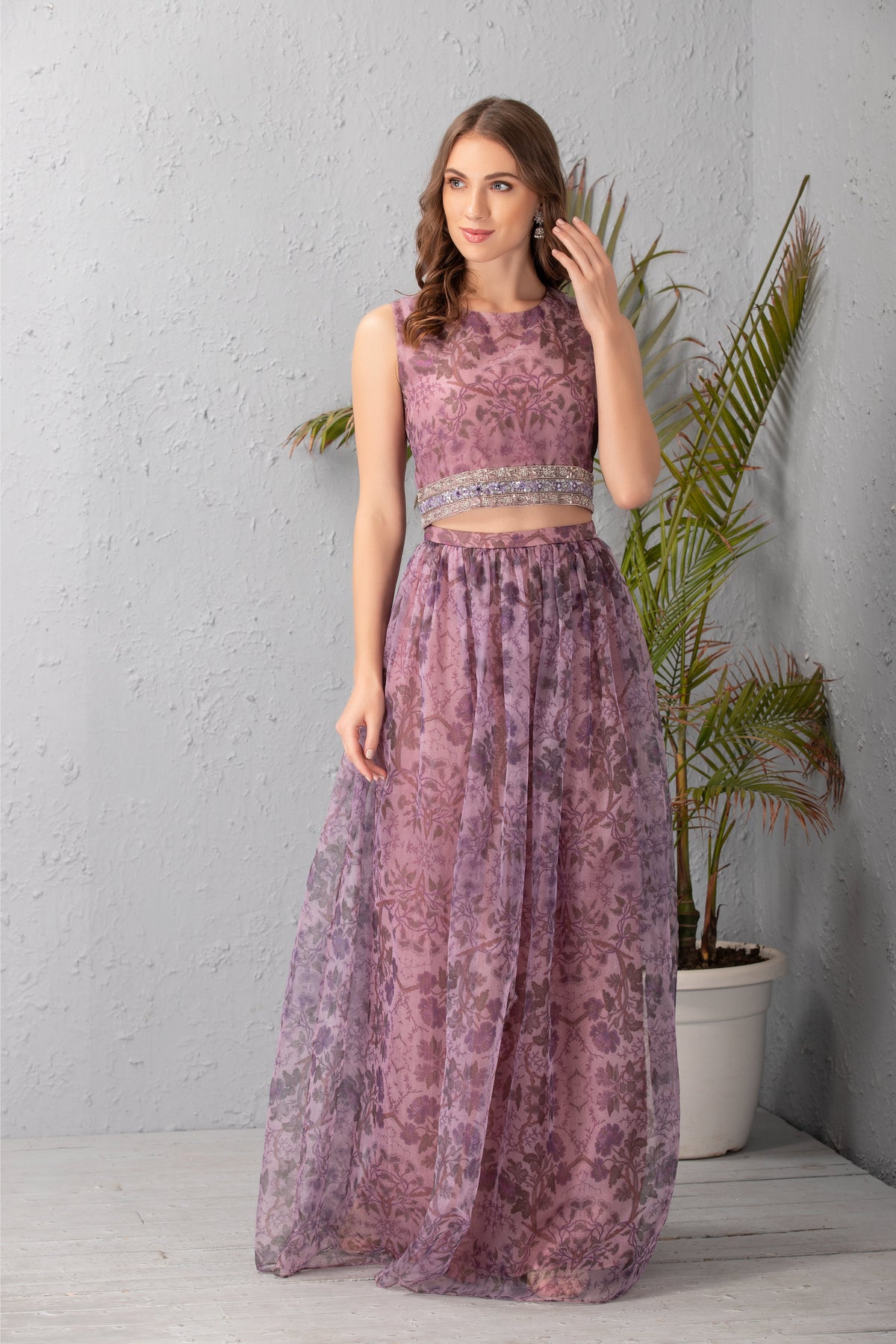 Mauve Floral Printed Skirt Set