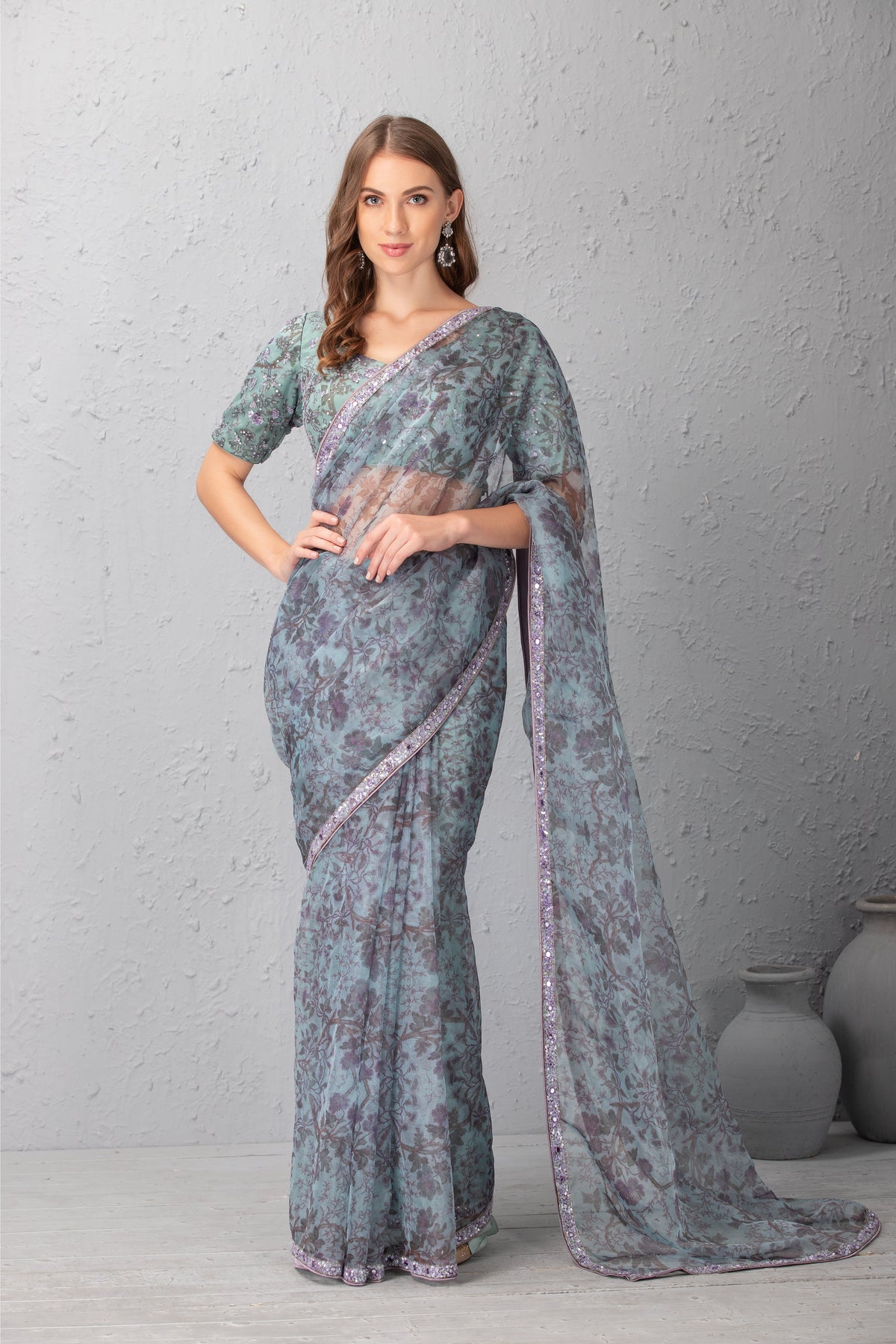 Mineral Blue Printed Floral Saree