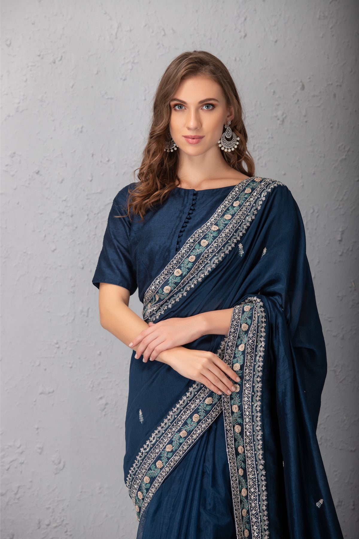 Midnight Blue hand embroidered saree set