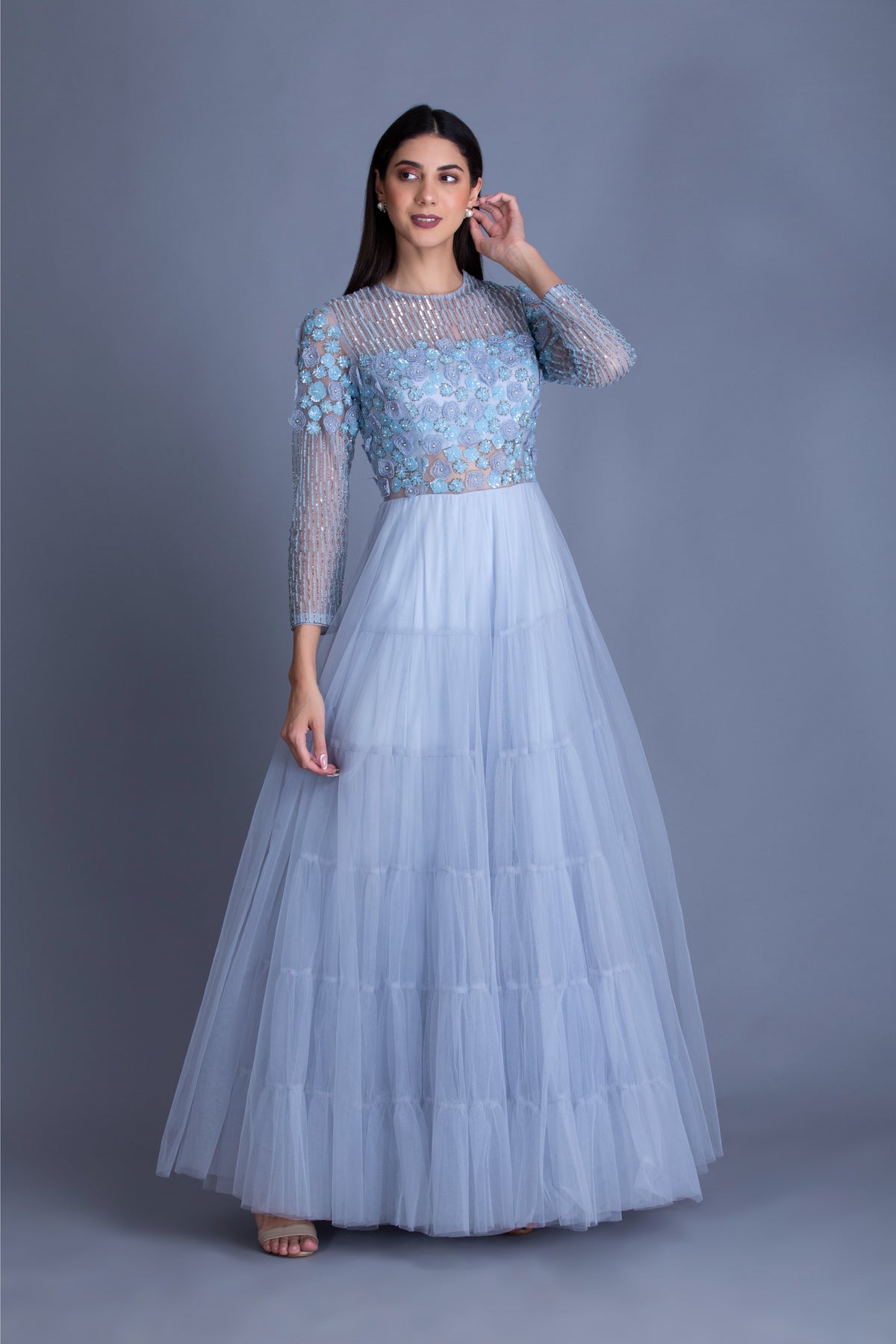 Powder Blue 3D Floral Embroidered Gown