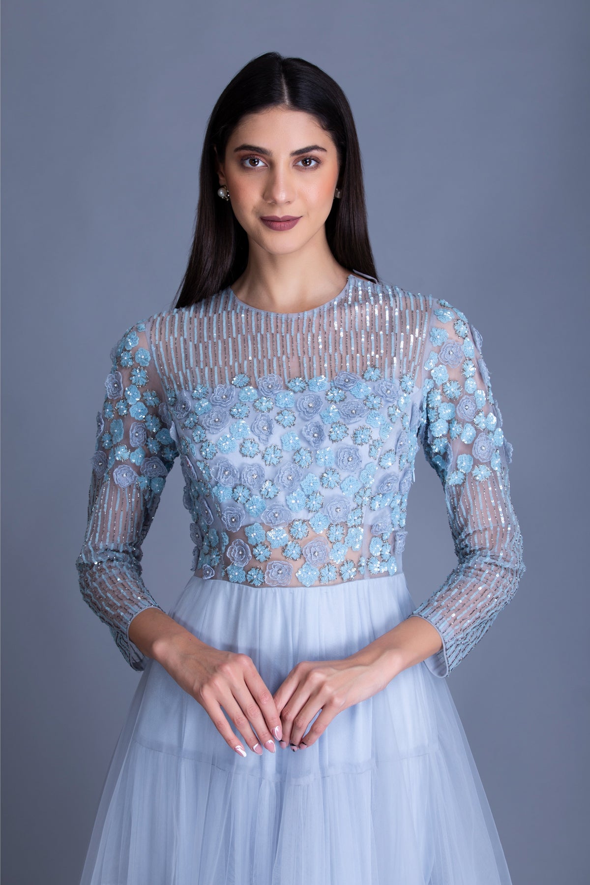 Powder Blue 3D Floral Embroidered Gown