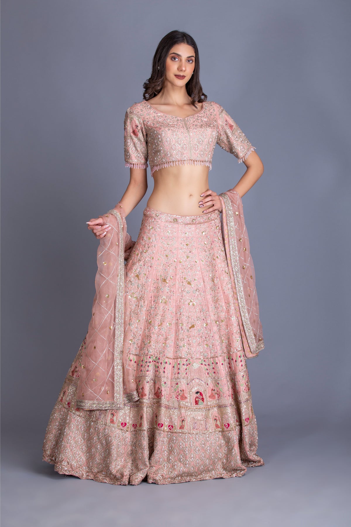 Rose Pink Embroidered Kalidar Bridal Lehenga Set