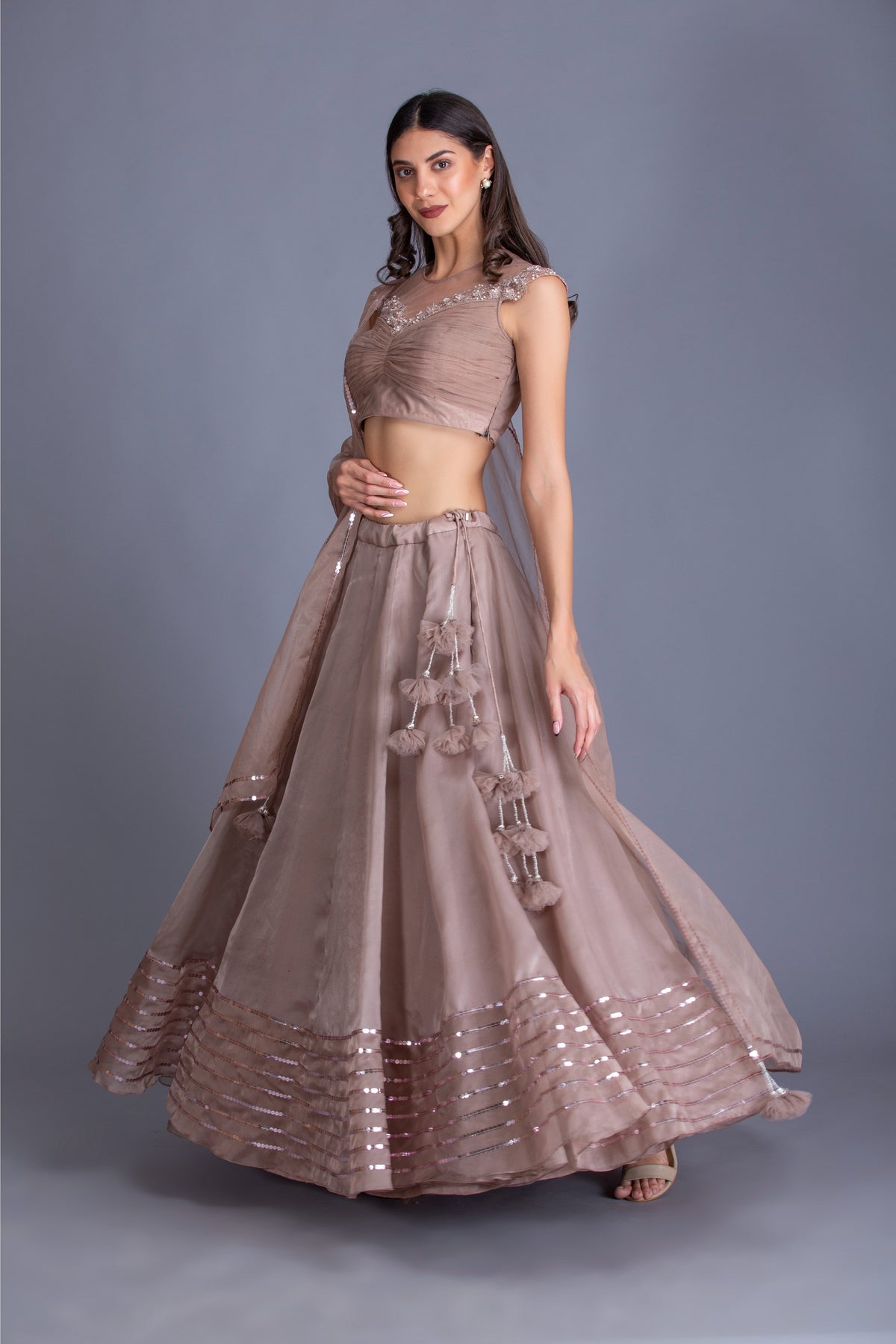 Champagne Gold Hand Embroidered Ruched Lehenga Set