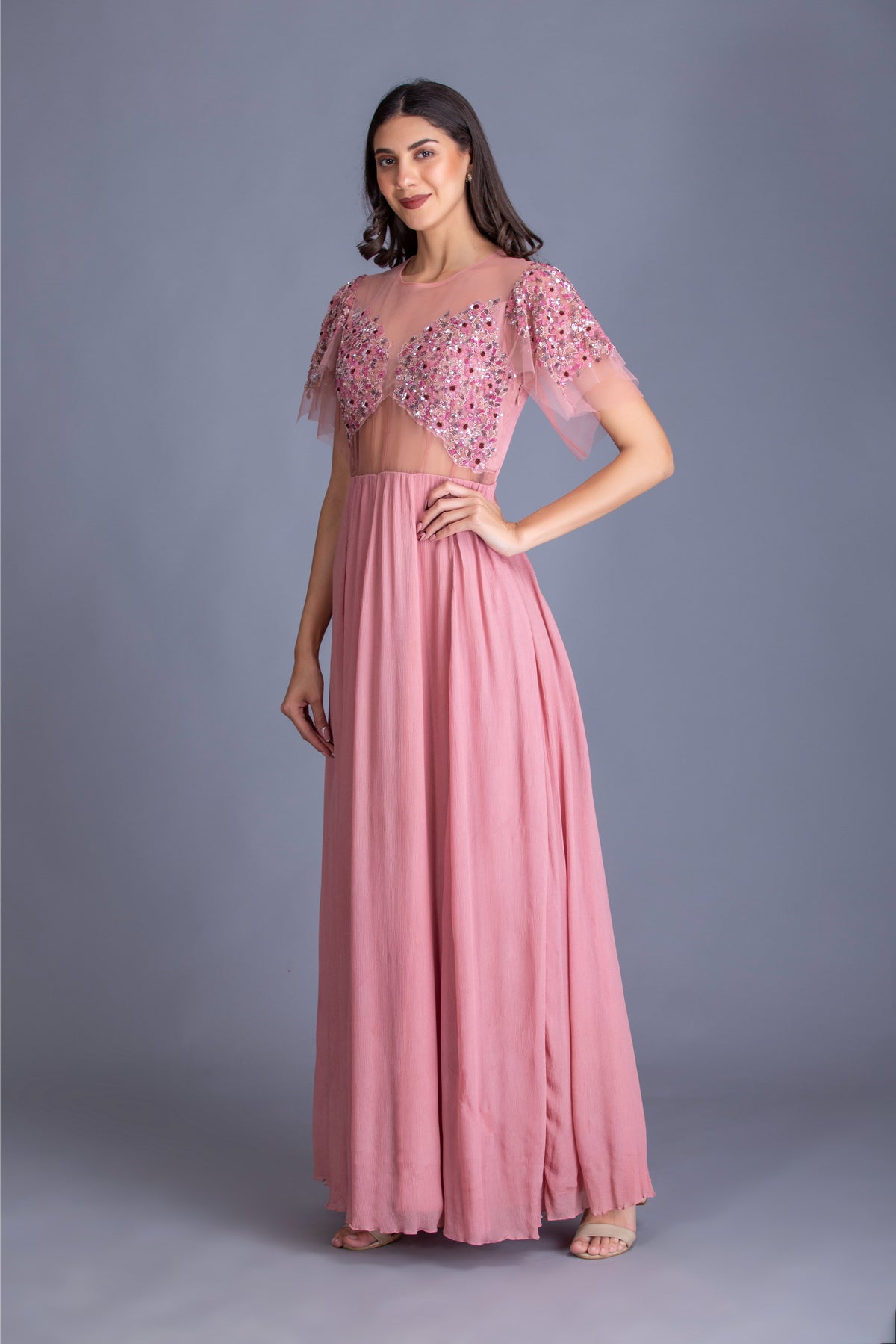 Rose Pink Sequins Embroidered Gown