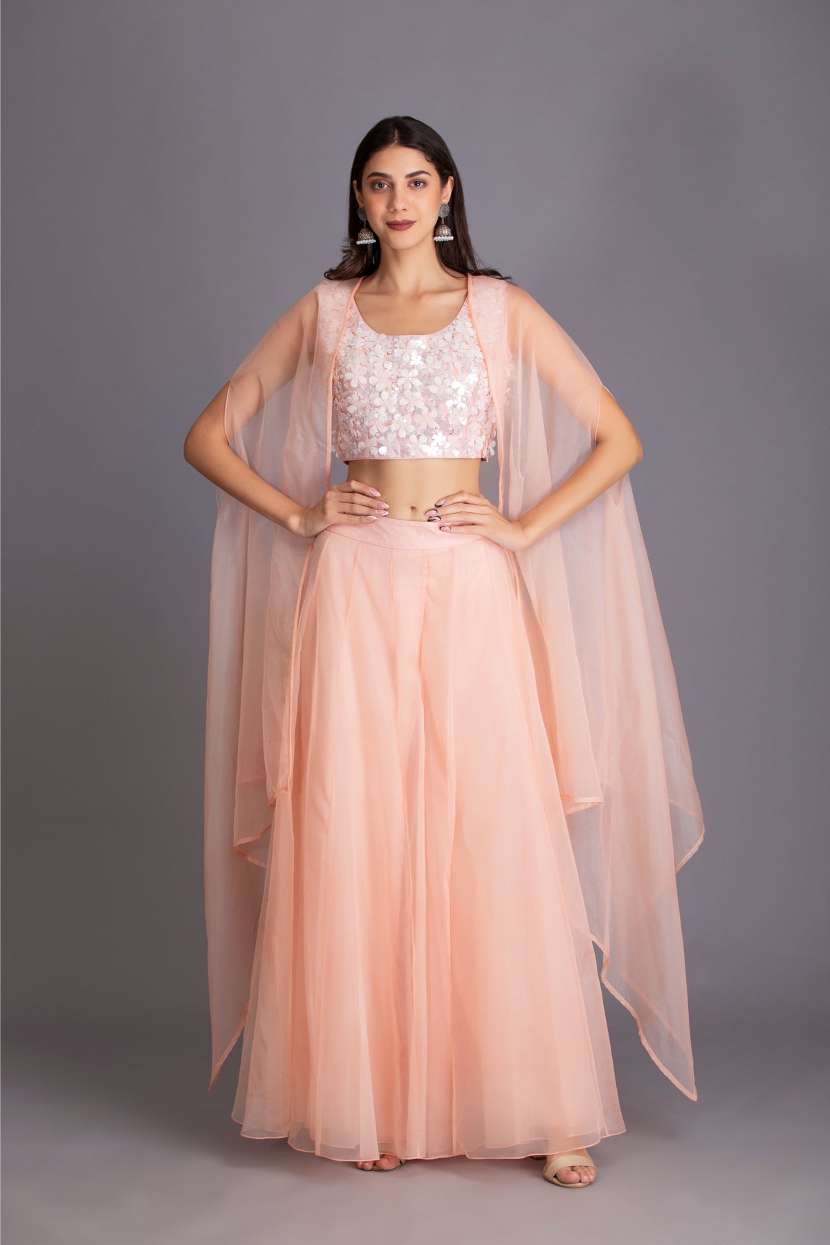Baby Pink Floral Sequins Embroidered Cape Set