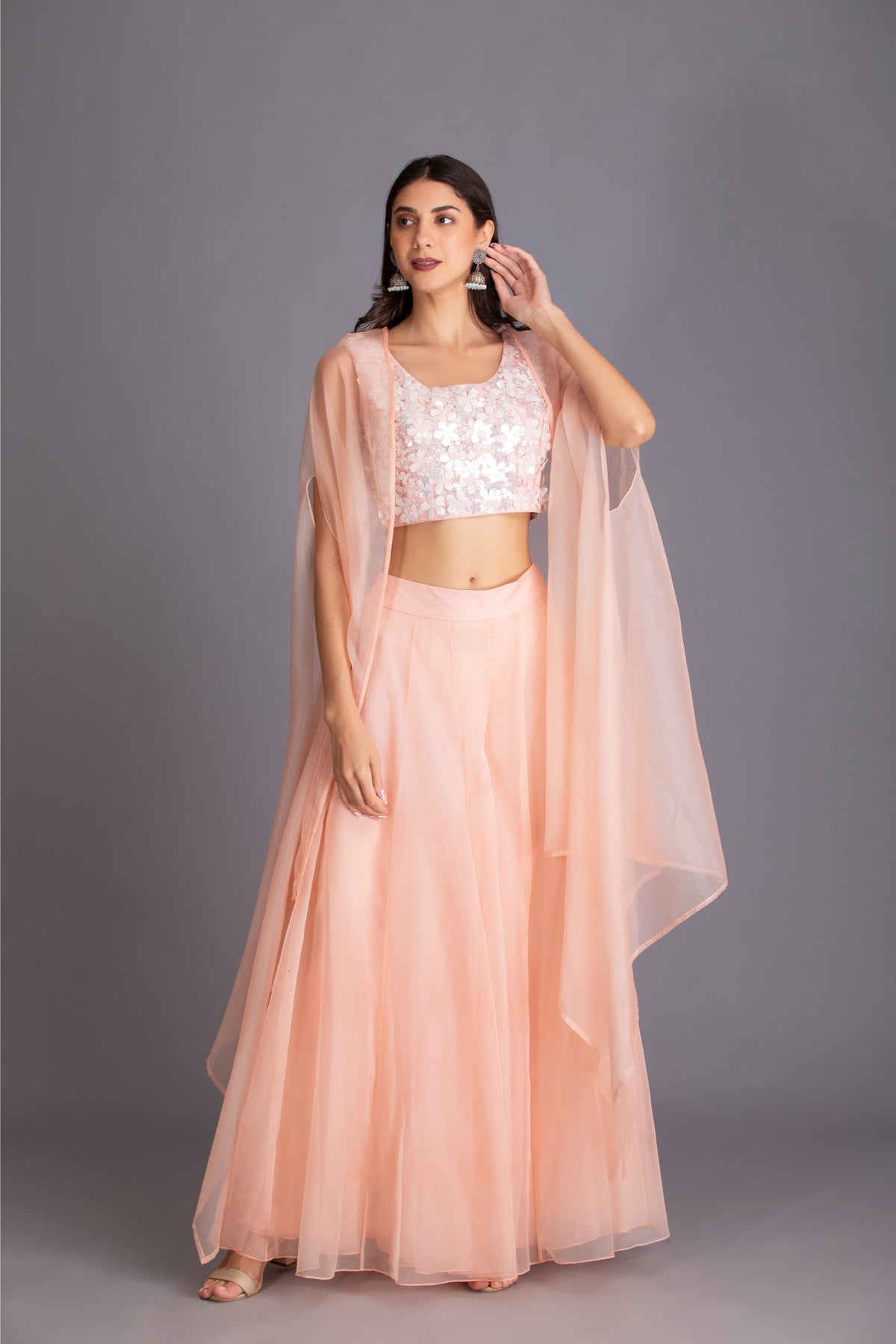Baby Pink Floral Sequins Embroidered Cape Set