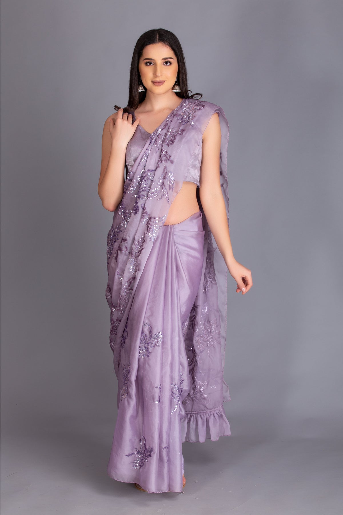 Lilac Embroidered Ruffled Saree Set