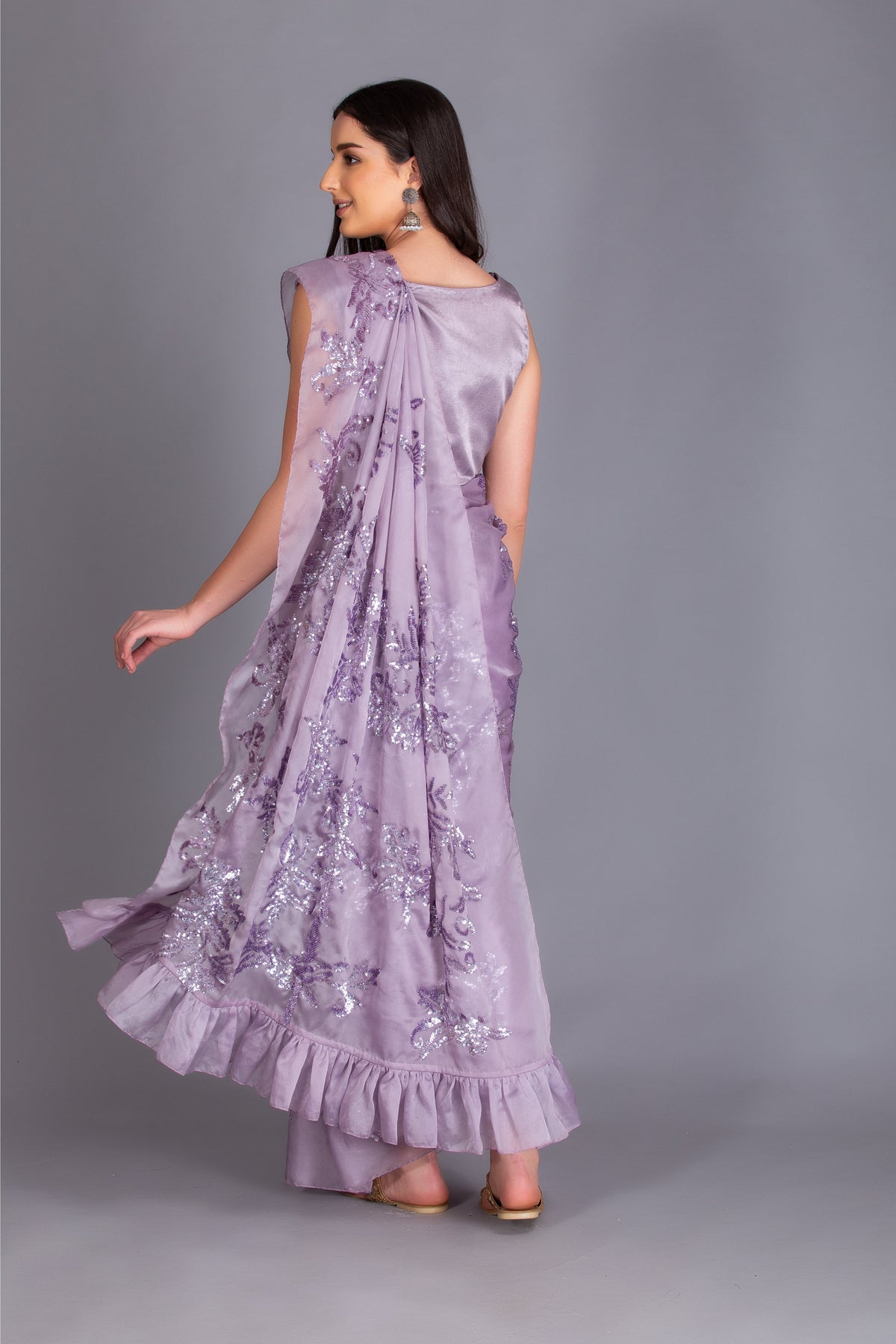 Lilac Embroidered Ruffled Saree Set