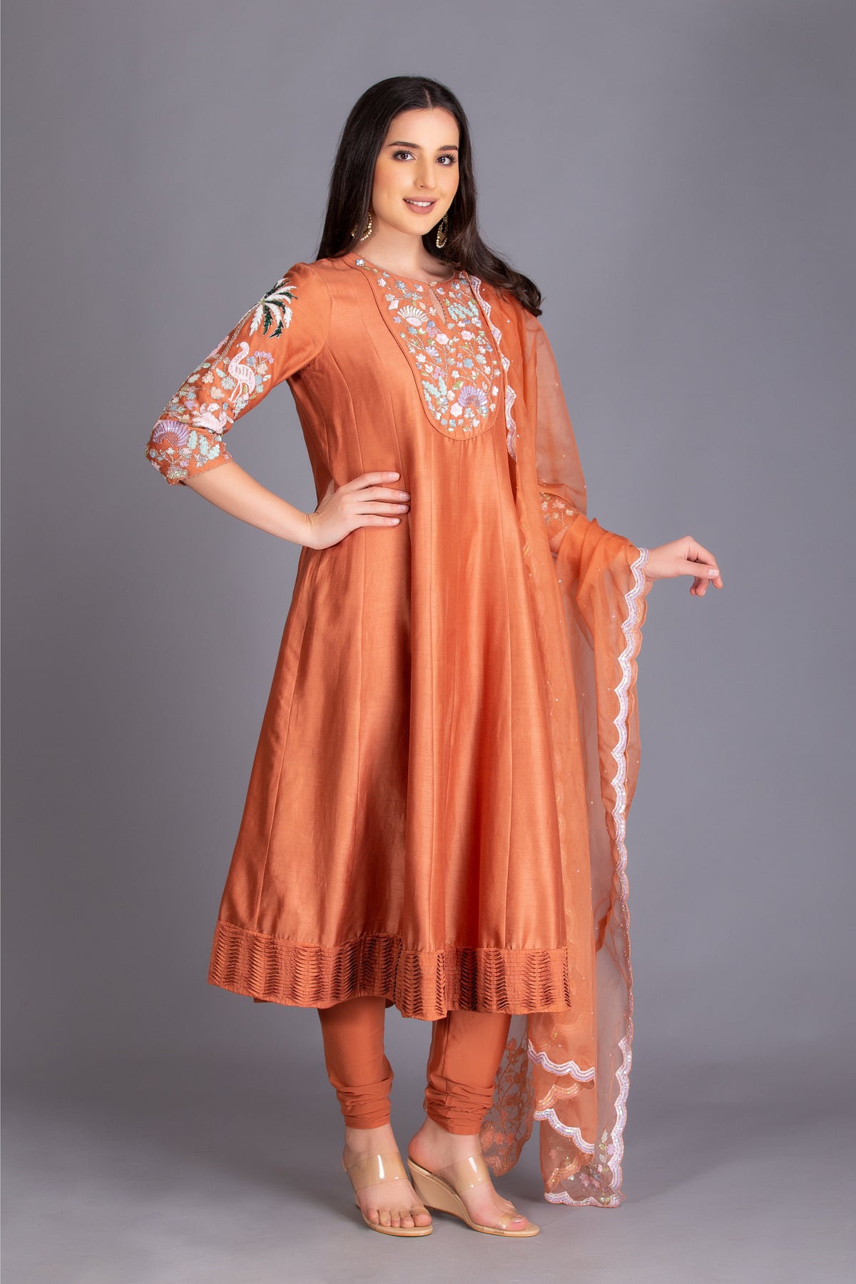 Rust Orange Sequins Embroidered Anarkali Set