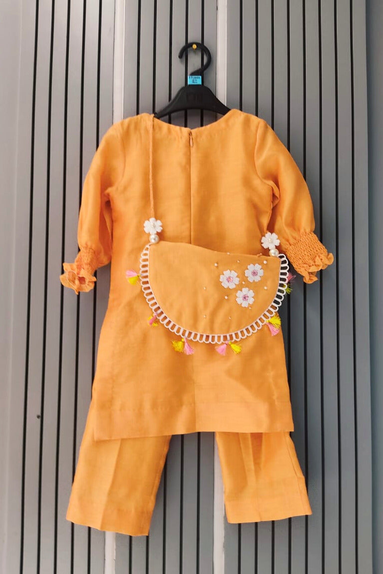 Orange Lama Hand Embroidered Motifs Kurta-Set